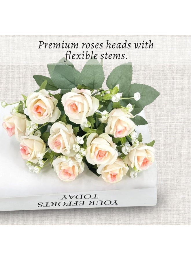 HUANXIN HOME Artificial flower 12 small rose silk flower with leaf plastic flower champagne bouquet Valentine's Day home decoration kitchen wedding table decoration decoration, 1pack (Champagne) - Image 5